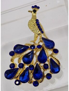Blue Rhinestone And Glass Peacock Brooch Unbranded